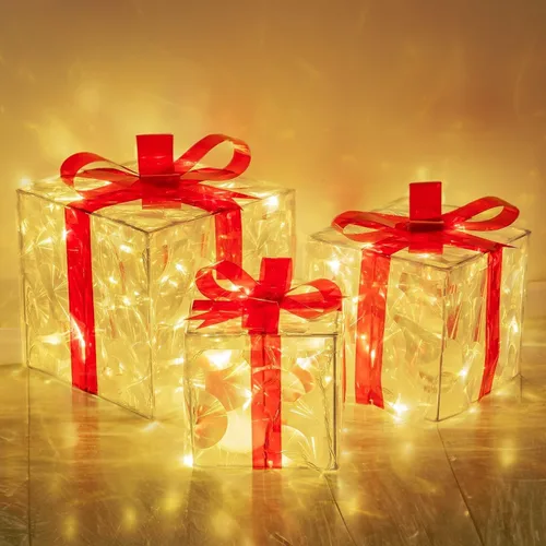 Vista 11 de Hourleey - Juego de 3 cajas de regalo iluminadas de Navidad, 60 luces LED preiluminadas, cajas de regalo decorativas para árbol de Navidad
