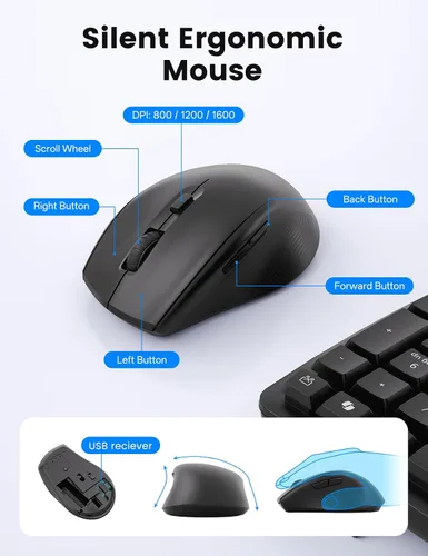 Vista 9 de SABLUTE Combo de teclado y mouse inalámbricos, onda ergonómica, silenciosa Negro