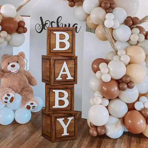 Vista 5 de Cajas de baby shower para decoraciones de cumpleaños – 4 cajas de globos de bebé de grano de madera marrón, cajas de bebé para decoración de centro