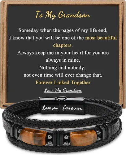 Vista 19 de Regalos únicos para hombres, pulsera de cuero para hombres, papá, novio, hijo, nieto, hermano, te amo para siempre, piedra ojo de tigre, día