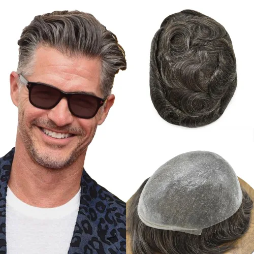 Vista 18 de Tupé de piel ultra fina para hombres pieza de cabello humano real sistema de reemplazo 0.002 in Mens Toupee Hairpiece para hombres V-Loop 8x10 80%
