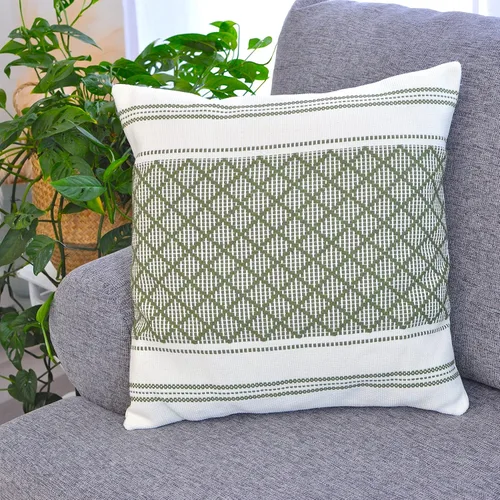 Vista 9 de Funda de almohada tejida de algodón, color verde oliva/blanco roto, 16 x 16 pulgadas (una sola pieza)