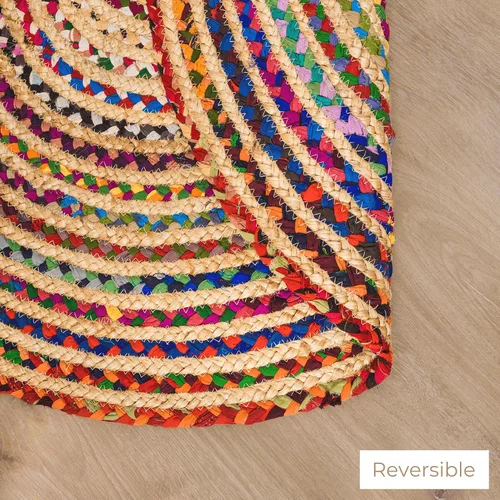 Vista 5 de RAJRANG - Alfombra reversible grande de yute chindi, alfombra circular de algodón, multicolor, redonda, 6 pies