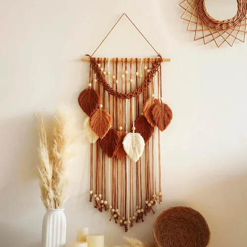 Vista 7 de Tapiz de hojas de macramé para decoración de pared, tapices tejidos bohemios, arte de pared de hojas de otoño, grandes borlas bohemias, adorno