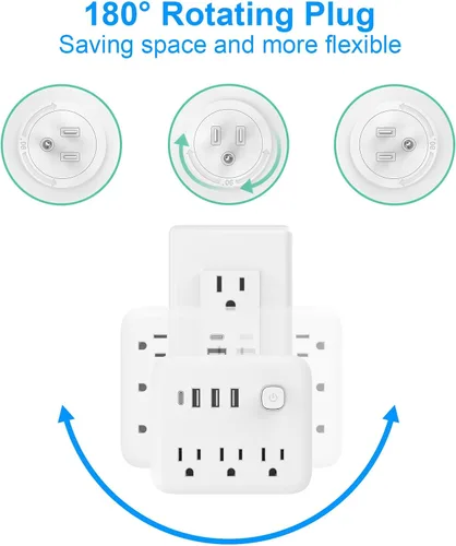 Vista 7 de FXZ Regleta de conversión de regleta de alimentación con 3 tomas amplias y puerto 3USB-A y 1USB-C, 1875 W/15 A, protección contra sobrecarga