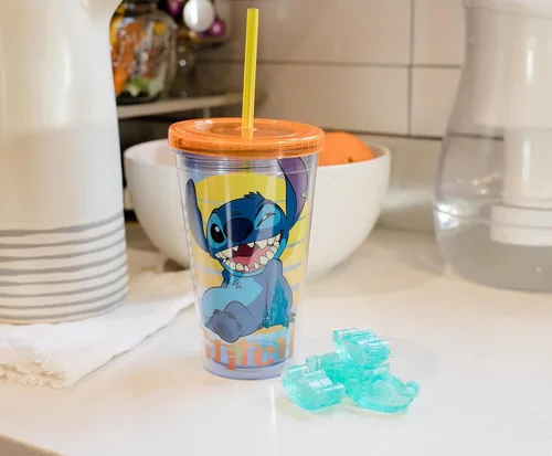 Vista 6 de Disney Lilo & Stitch Taza de carnaval con popote reutilizable, tapa a prueba de fugas, cubos de hielo de plástico, vaso de plástico sin BPA, vaso