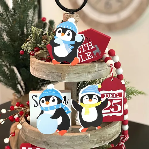 Vista 4 de COCHIE Decoraciones de Navidad de pingüinos para interior, lindo juego de decoración de bandeja escalonada de pingüinos de invierno de 3 piezas