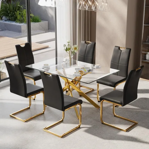 Vista 14 de Juego de mesa de comedor de 5 piezas para 4, mesa rectangular moderna de cristal con 4 sillas tapizadas de cuero, juegos de mesa y sillas de comedor