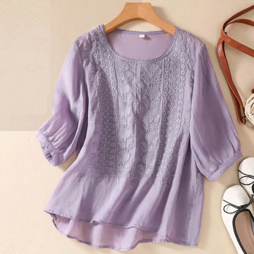 Vista 2 de Blusas de lino de algodón para mujer, manga 34, bordado, cuello en V, casual, holgada, color sólido