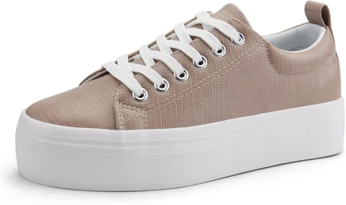Vista 18 de JABASIC Zapatillas de plataforma con cordones para mujer, zapatillas casuales cómodas de moda para caminar Todo blanco