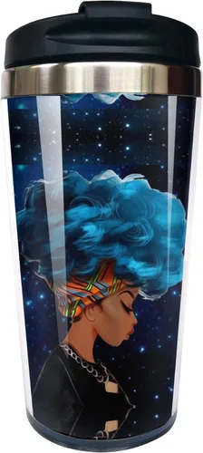 Vista 8 de Taza de café de viaje de 13 onzas para mujeres afroamericanas, taza de acero inoxidable con tapa, taza de viaje aislada al vacío de doble pared