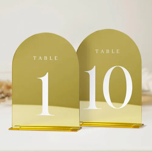 Vista 8 de Números de mesa de arco esmerilado para recepción de boda, paquete de 10 piezas de 5x7" Signos acrílicos de arco esmerilado con soporte, números