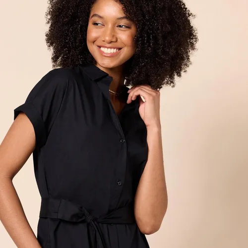Vista 4 de Tienda Essentials Vestido camisero de manga corta con botones frontales y cinturón para mujer