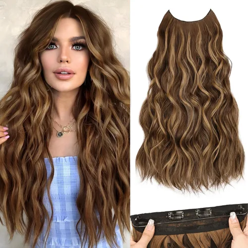 Vista 26 de Extensiones de Cabello con Alambre Invisible - Extensiones de Cabello Halo de 14 Pulgadas Largas Onduladas Postizo Sintético con Alambre