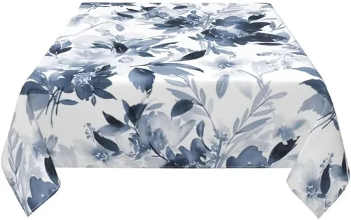Vista 3 de Mantel floral azul marino de 54 x 54 pulgadas, mantel cuadrado de flores azul oscuro y blanco, mantel de poliéster para fiestas de vacaciones