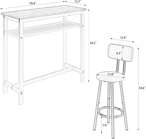 Vista 2 de LUMISOL Juego de mesa de barra de 3 piezas con almacenamiento para 2, moderno juego de mesa de comedor de metal con 2 taburetes, ahorra espacio