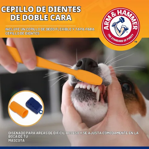 Vista 3 de Arm & Hammer para mascotas kit de 3 piezas para control del sarro para perros, contiene pasta, cepillo de dientes y cepillo para el dedo, reduce