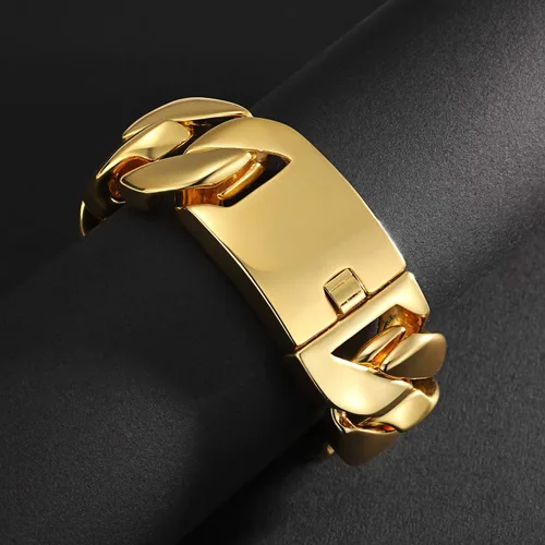 Vista 4 de ROWIN&CO Jewelry - Enorme pulsera gruesa de 1.260 in para hombre, resistente, chapado en oro amarillo de 18 quilates, cadena cubana de acero