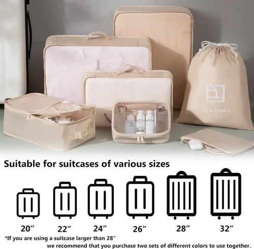 Vista 6 de TianZong Juego de 7 cubos de embalaje, bolsas de viaje para equipaje, organizadores de embalaje con bolsa para zapatos