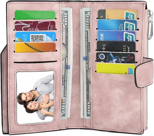 Vista 2 de UTO Cartera RFID para mujer de piel sintética mate con cremallera y cierre a presión, Rosado