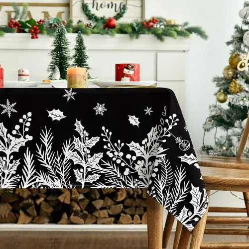 Vista 3 de Horaldaily Mantel de Navidad rectangular de 52 x 70 pulgadas, cubierta de mesa con diseño de hojas florales, color negro, lavable, para decoración