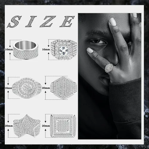 Vista 6 de FIASASO 6 anillos chapados en oro de 18 quilates para hombres, anillo de imitación de diamantes de imitación para helados, anillo redondo de hip hop