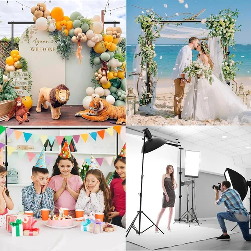 Vista 5 de Kit de soporte de fondo para fotos, 6.5 x 10 pies, soporte de fondo de fotografía ajustable con base plana de metal para fiestas de cumpleaños, baby