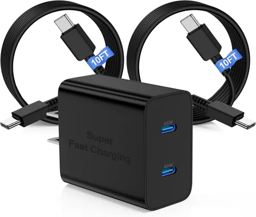 Vista 10 de Cargador súper rápido de 45 W de doble puerto con cable largo USB C a C de 10 pies, bloque de cargador de pared tipo C y cable de carga de teléfono