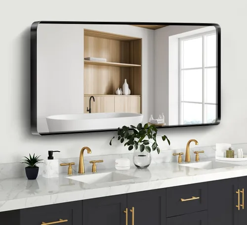 Vista 16 de Espejo de baño de 48 x 36 pulgadas con marco negro mate, espejo antioxidante montado en la pared