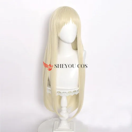 Vista 3 de Uearlid Peluca de anime Cosplay Kakegurui Runa Yomozuki, peluca larga y recta rubia con flequillo limpio resistente al calor, pelucas sintéticas
