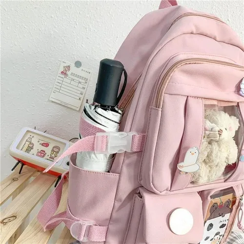 Vista 8 de Mochila escolar Kawaii para adolescentes y niñas, estética para el regreso a clases, linda y adorable con pin Kawaii y bonito accesorio, Blanco, L