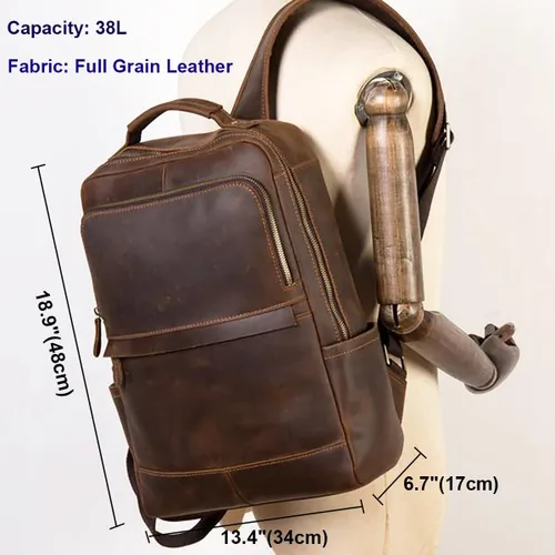 Vista 5 de Mochila para portátil de cuero genuino vintage de 15.6 pulgadas, bolsa de viaje para senderismo, mochila antirrobo para acampar