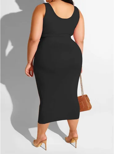 Vista 4 de Conjunto vestido a media pierna de 2 piezas de talla plus, conjunto de falda ajustada, top ajustado, estampado estilo hippy sin mangas