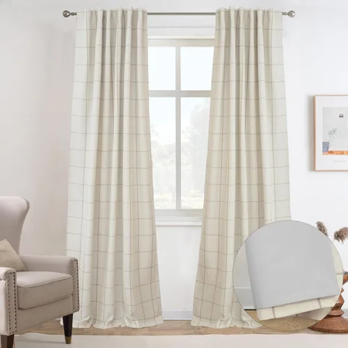 Vista 50 de DriftAway 2 paneles cortinas de lino a cuadros 100% opacas de doble capa cortinas para dormitorio de 96 pulgadas de largo estilo granja con Gris