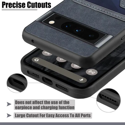 Vista 5 de Funda diseñada para Google Pixel 8 Pro, funda delgada de piel sintética con soporte para ranura para tarjetas, función atril, a prueba de golpes