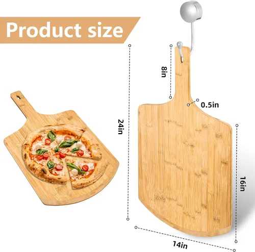 Vista 2 de Pala de pizza de 14 pulgadas, 16 pulgadas de largo x 14 pulgadas de ancho, con mango de madera de 8 pulgadas de largo, 24 pulgadas de largo total