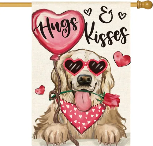 Vista 8 de AVOIN colorlife Bandera de jardín de perro para el día de San Valentín, 12 x 18 pulgadas, Golden Retriever Hugs Kisses de doble cara, aniversario
