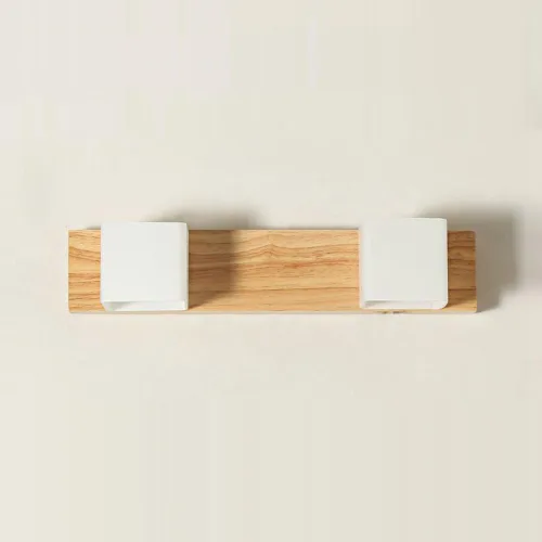 Vista 2 de Espejo de madera con cabeza giratoria frontal, aplique de pared con base de madera, cubo de vidrio blanco, pantalla de baño, lámpara de pared