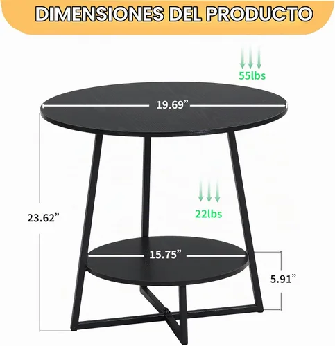Vista 2 de D&H FURNIMMT Mesa auxiliar de sala de estar de 20", mesas auxiliares redondas de madera de 2 niveles para espacios pequeños con estante