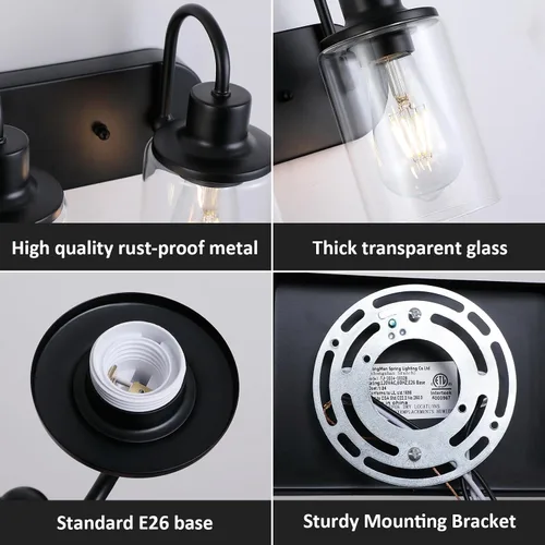 Vista 3 de Lámpara de baño negra mate sobre espejo, lámpara de tocador de baño de 2 luces con pantalla de vidrio transparente, apliques de pared modernos
