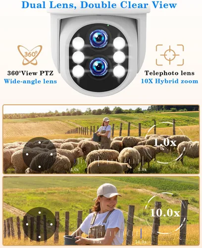 Vista 2 de Sistema de cámara de seguridad inalámbrica para exteriores para el hogar, ZHXINSD Juego de 4 cámaras con lente dual 6MP 10X Zoom híbrido 360°