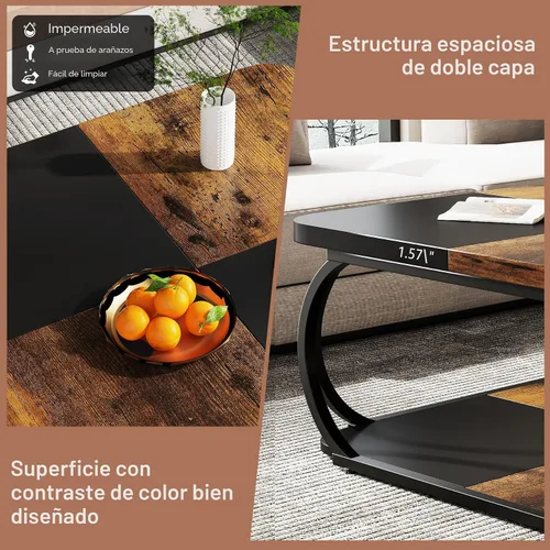 Vista 6 de LITTLE TREE Mesa auxiliar de 40 pulgadas con estante de almacenamiento, mesa de centro cuadrada baja de 2 niveles con mesa de madera de granja