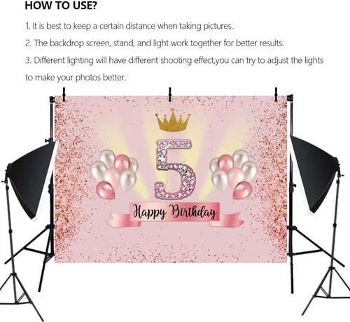 Vista 4 de Telón de fondo rosa de 6 x 4 pies para niñas, decoración de fiesta de cumpleaños de 5 años, pancarta para fotografía, baby shower, fondo de fotos