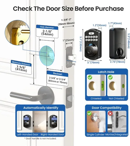 Vista 9 de Veise KS02A - Cerradura de puerta de entrada sin llave de huellas dactilares, bloqueo automático, cerrojo electrónico para puerta delantera Negro