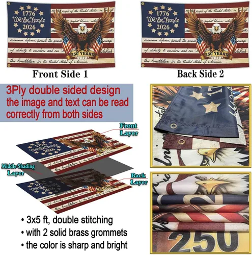 Vista 3 de Bandera de 3 capas para aniversario estadounidense de 250 años, decoración de mercancía, 250 aniversario, bandera patriótica de Estados Unidos