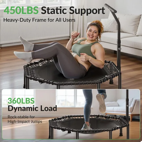 Vista 5 de BCAN - Cama elástica miniatura octagonal de 51 pulgadas, carga máxima de 450 libras; cama elástica de aptitud física con barra de asa T ajustable
