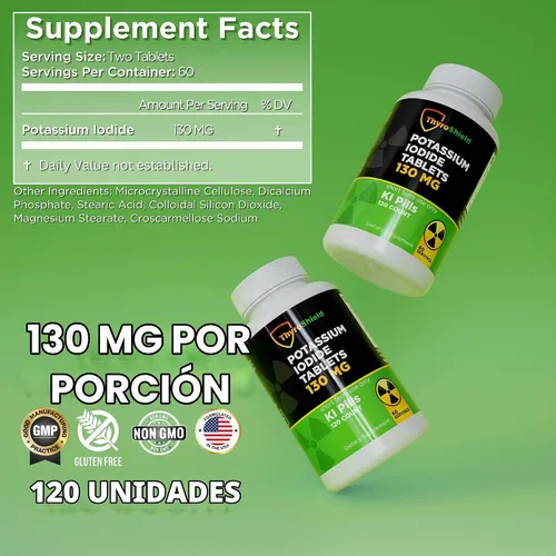 Vista 2 de Tabletas de yoduro de potasio 130 mg 120ct KI Tablets - Protección contra la Radiación Nuclear - Píldoras de yodo de potasio - YODO Naciente - KI