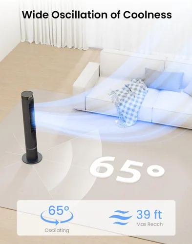 Vista 3 de AIRMATE Ventilador de torre de volumen de aire súper alto, altura de 43 pulgadas, velocidad de 36 pies/s, 12 velocidades, 3 modos, temporizador