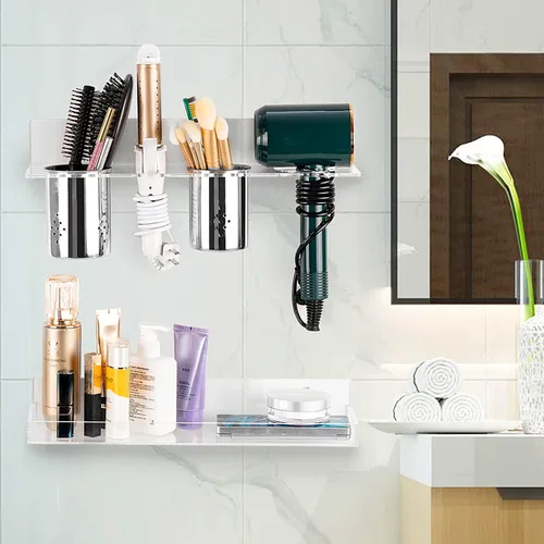 Vista 7 de Organizador de herramientas para el cabello, montaje en pared, juego de 2 soportes acrílicos para secador de pelo, organizadores de tocador de baño