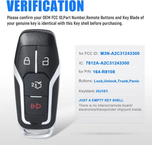 Vista 3 de Keymall Funda para llavero remoto para Ford Edge/Explorer/Fusion/Mustang para Lincoln MKC/MKX (ID de FCC: M3N-A2C31243300 Nro. de pieza: 164-R8108)